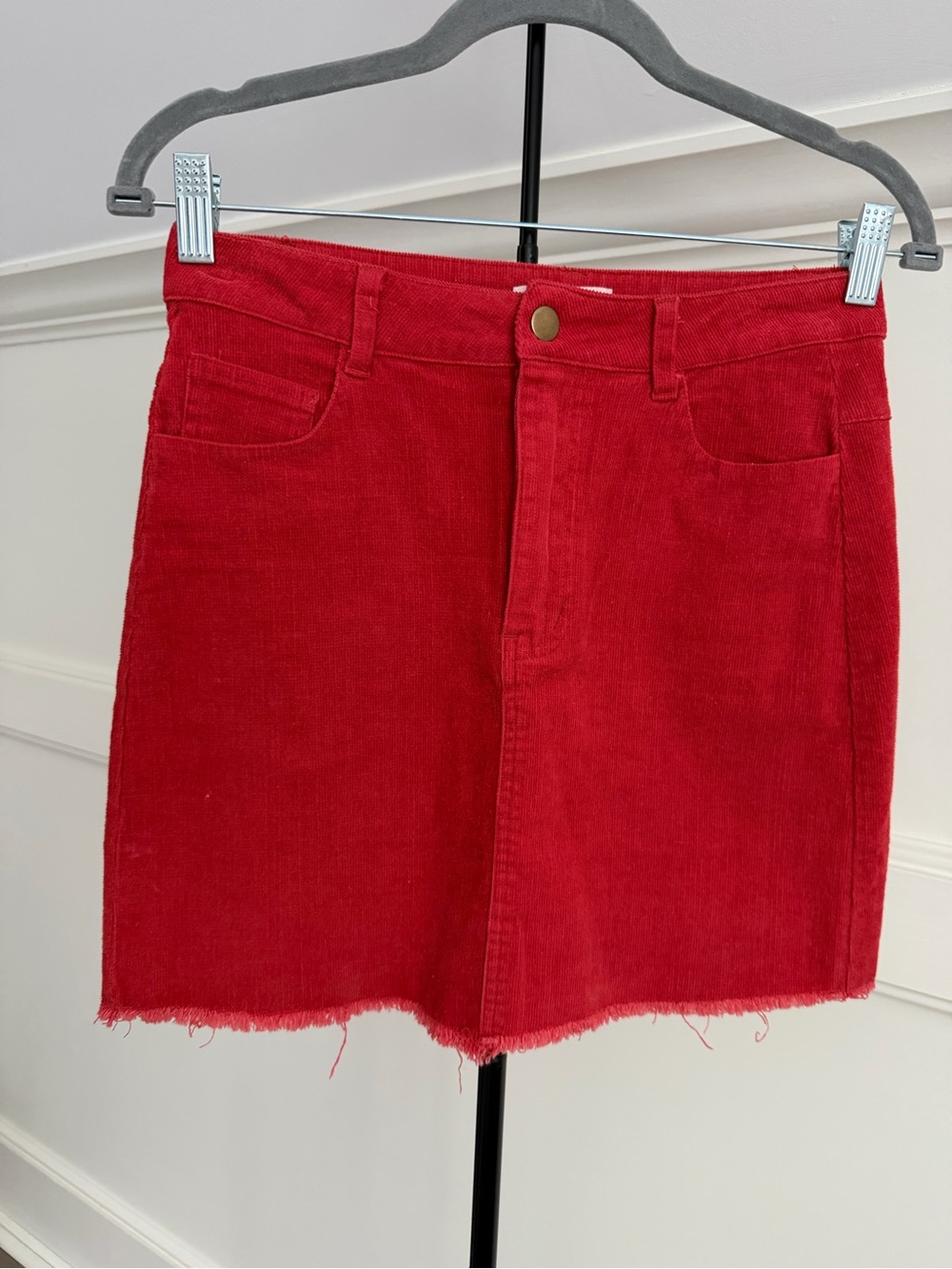 Red Corduroy Mini Skirt - Newbury Custom size small. Raw edge